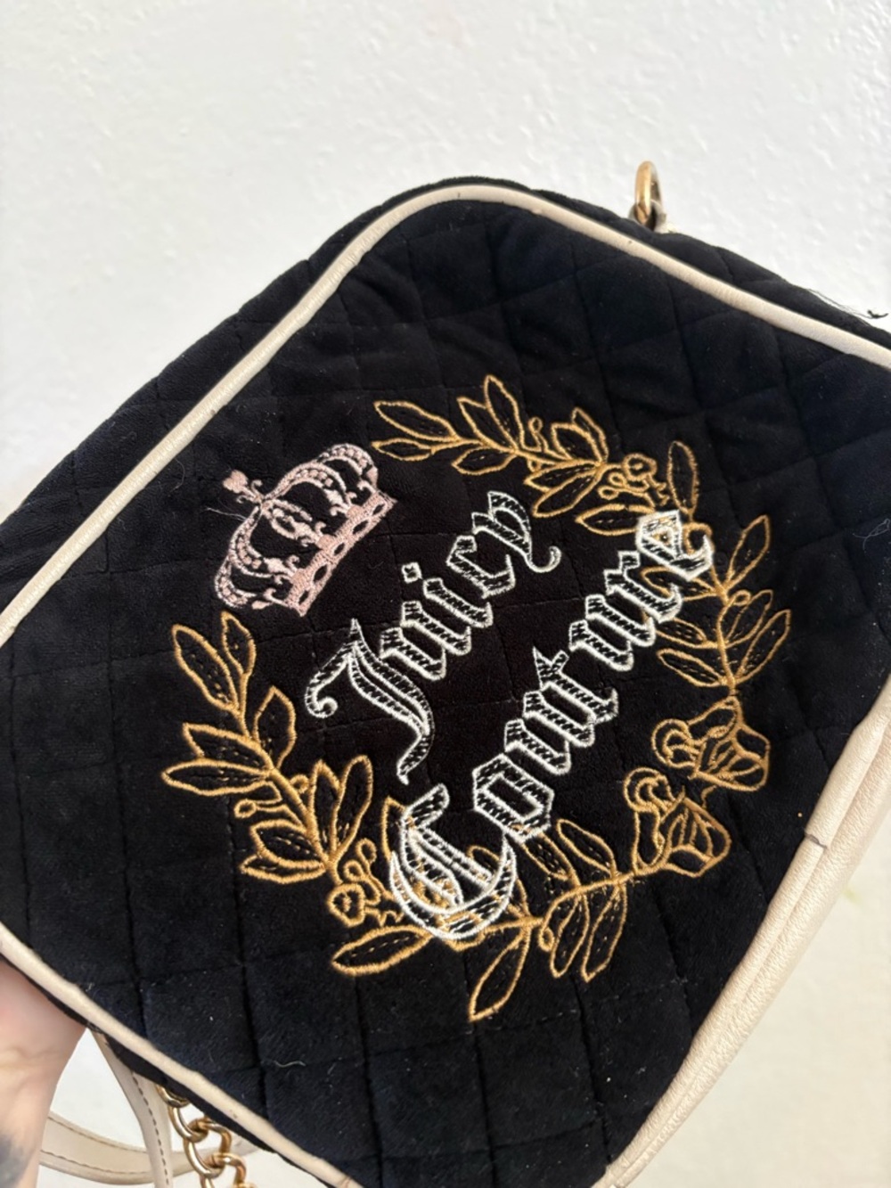 Juicy Couture Black Quilted Crossbody with Gold Embroidered Crest